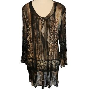 Alberto Makali Semi Sheer V-Neck Long Sleeve Tunic Animal Print Blouse - Sz M